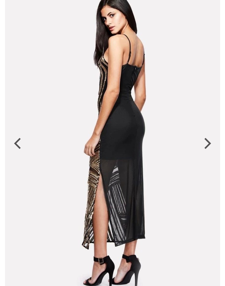 Uzun, İnce Askılı, V Yakalı Altın Abiye Elbise - Görsel 4