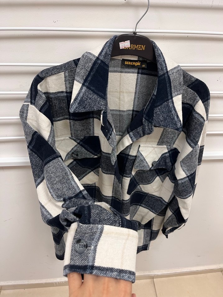 Lacivert Ekose Düğmeli Kadın Oduncu gömlek - Görsel 3