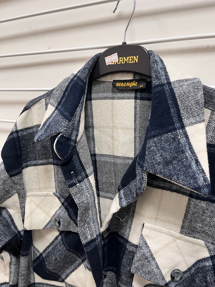 Lacivert Ekose Düğmeli Kadın Oduncu gömlek - Görsel 2