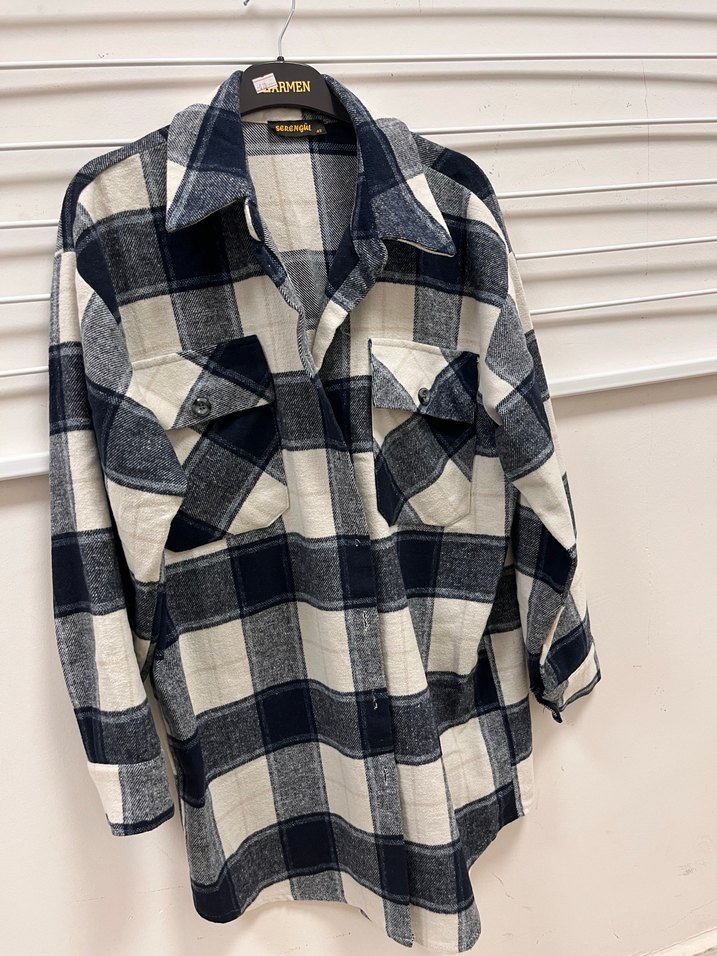 Lacivert Ekose Düğmeli Kadın Oduncu gömlek - Görsel 4