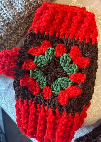 Bohem Örgü Kadın Eldiveni Gri-Kırmızı Desenli - Görsel 3