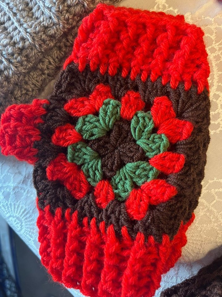 Bohem Örgü Kadın Eldiveni Gri-Kırmızı Desenli - Görsel 3