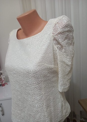 Dantelli Beyaz Bohem Kısa Kollu Bluz - Görsel 2