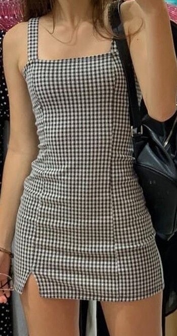 H&M Siyah beyaz kareli mini elbise vücuda oturan elbise