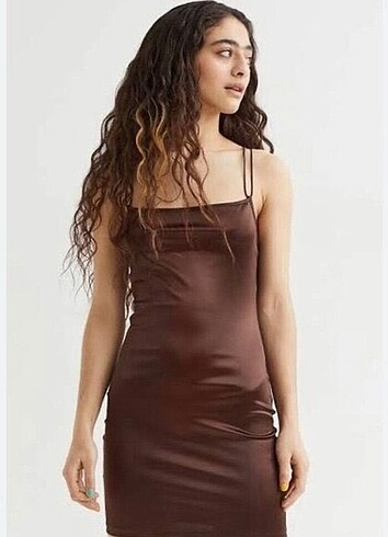 xs Beden kahverengi Renk H&M Elbise Saten Kahverengi Kısa Mini Elbise