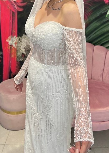 Işıltılı Uzun Kollu Straplez Gelinlik - Görsel 3