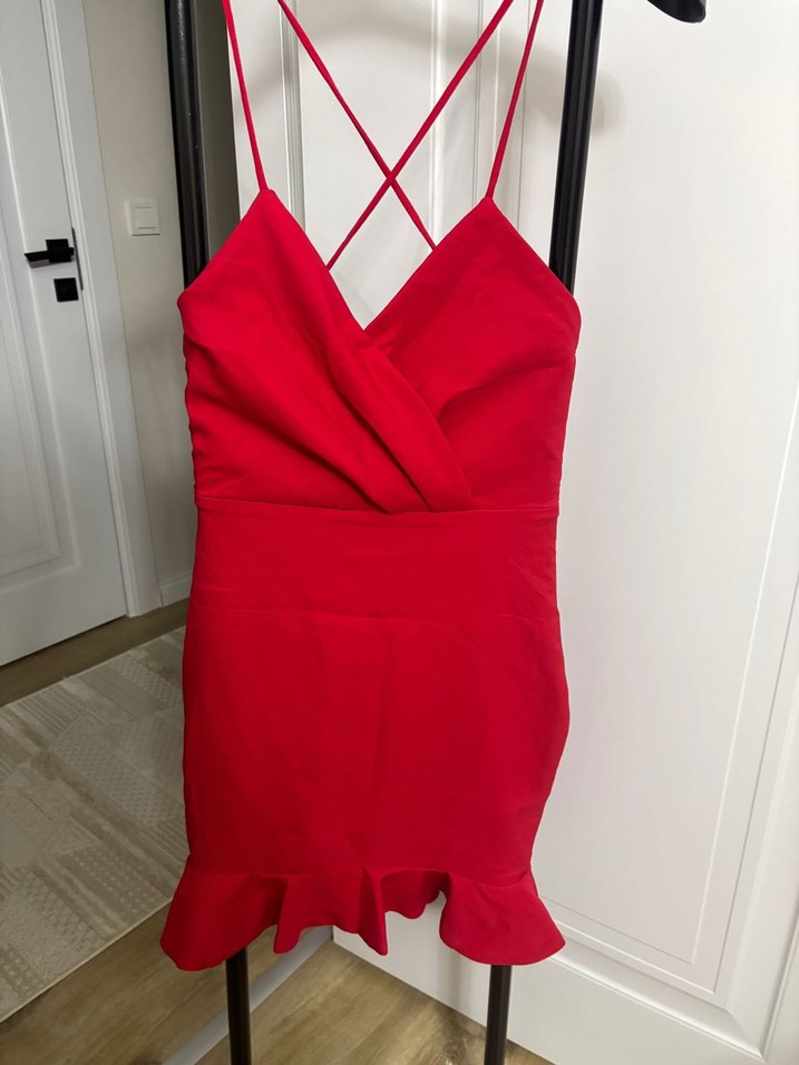 Sade Kırmızı V Yaka Volanlı Mini Elbise - Görsel 3