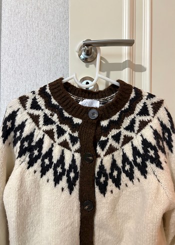 Kahverengi Desenli Örgü Kadın Hırka - Görsel 3