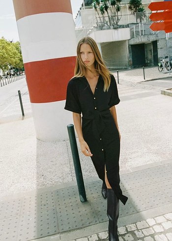 Siyah  V Yaka Uzun Elbise - Görsel 2