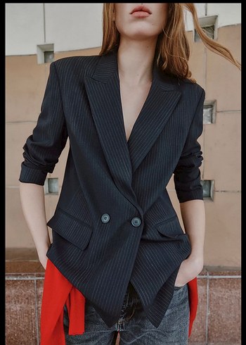 Kadın ç Çizgili Düğmeli Blazer Ceket - Görsel 2