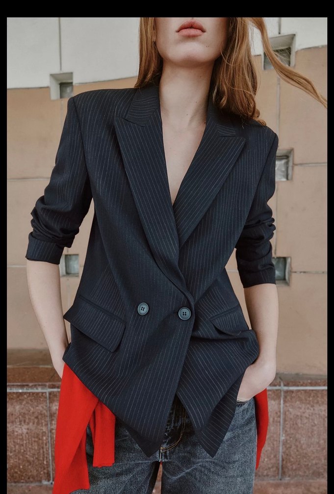 Kadın ç Çizgili Düğmeli Blazer Ceket - Görsel 2