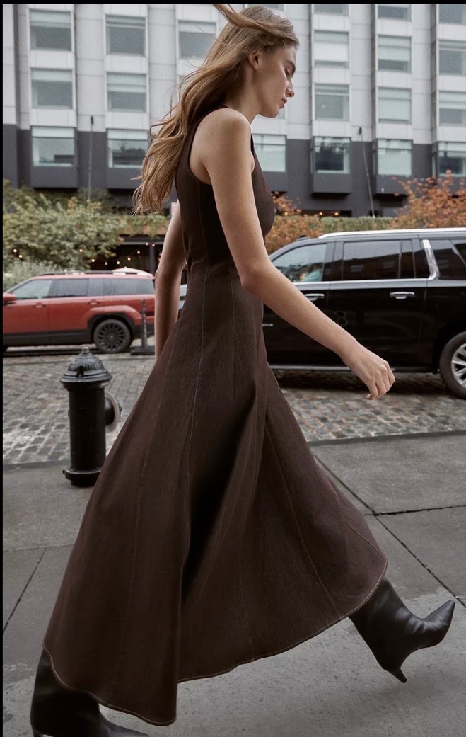 Sokak Stili Uzun Kahverengi Drapeli Elbise - Görsel 4