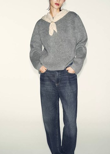 Gri Nakışlı Örgü Kadın Kazak - Görsel 5