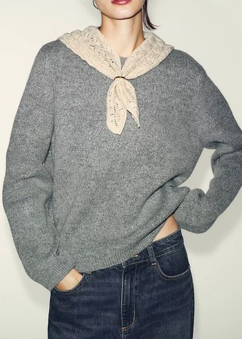 Gri Nakışlı Örgü Kadın Kazak - Görsel 2