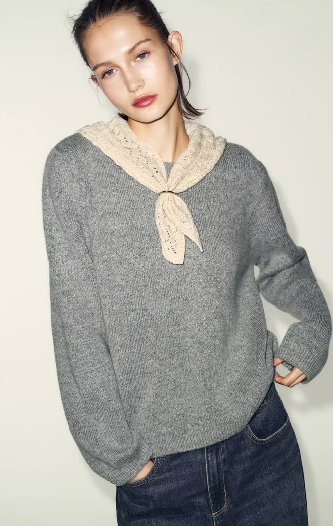 Gri Nakışlı Örgü Kadın Kazak - Görsel 4