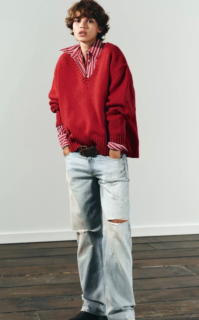 Kırmızı V Yaka Örgü Kadın Kazak - Görsel 3