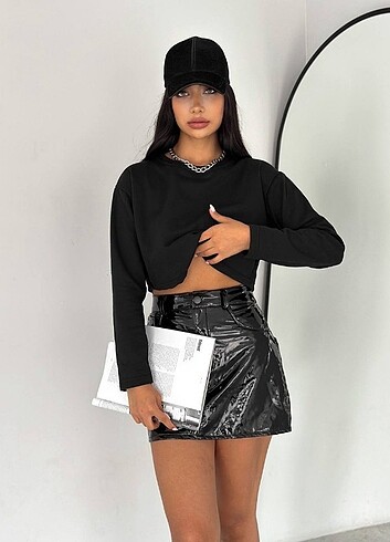 l Beden siyah Renk 2 iplik şardonlu Crop Sweatshirt