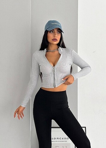 xs Beden Kaşkorse Tam Fermuar Crop Gri