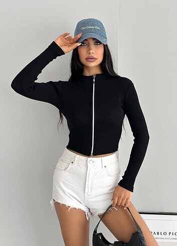 xs Beden Kaşkorse Tam Fermuar Crop Siyah