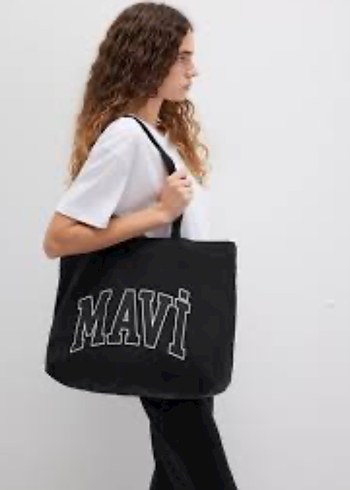 Mavi Baskılı Siyah Kadın Tote Çanta - Görsel 2