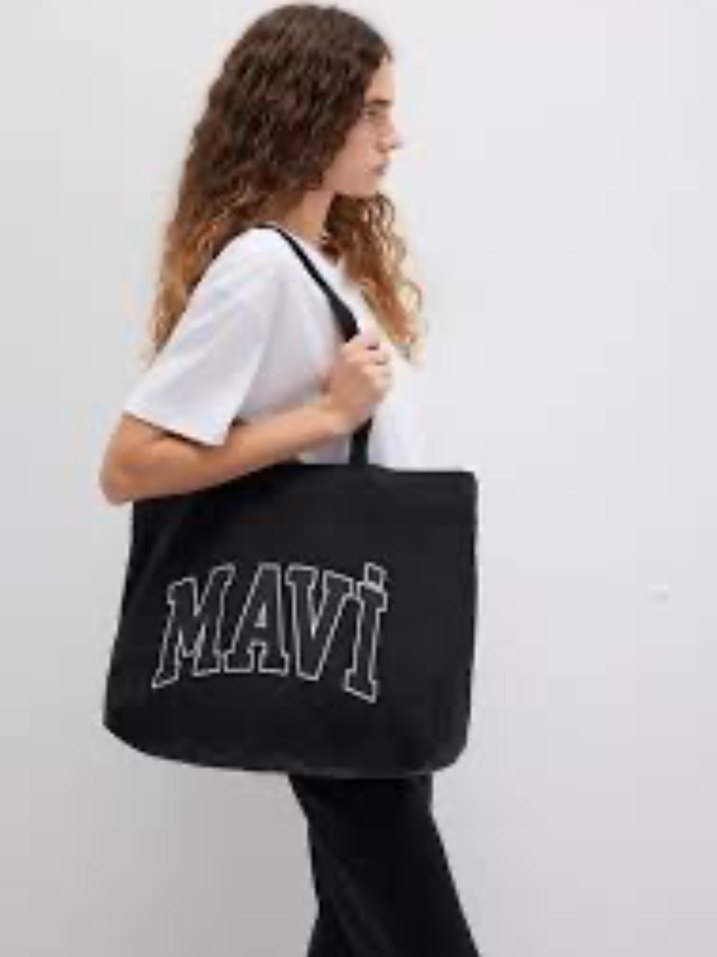 Mavi Baskılı Siyah Kadın Tote Çanta - Görsel 2