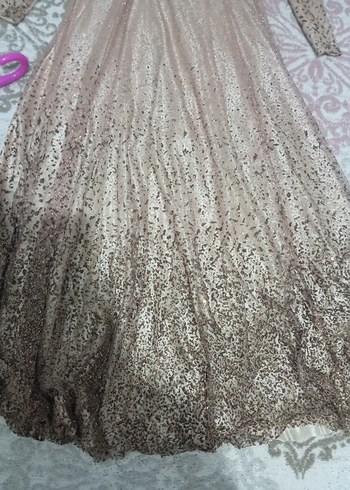 Bej Dantel İşlemeli Uzun Abiye Elbise - Görsel 4