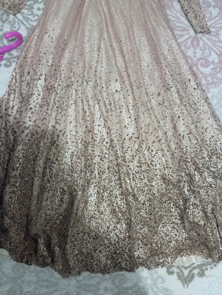 Bej Dantel İşlemeli Uzun Abiye Elbise - Görsel 4