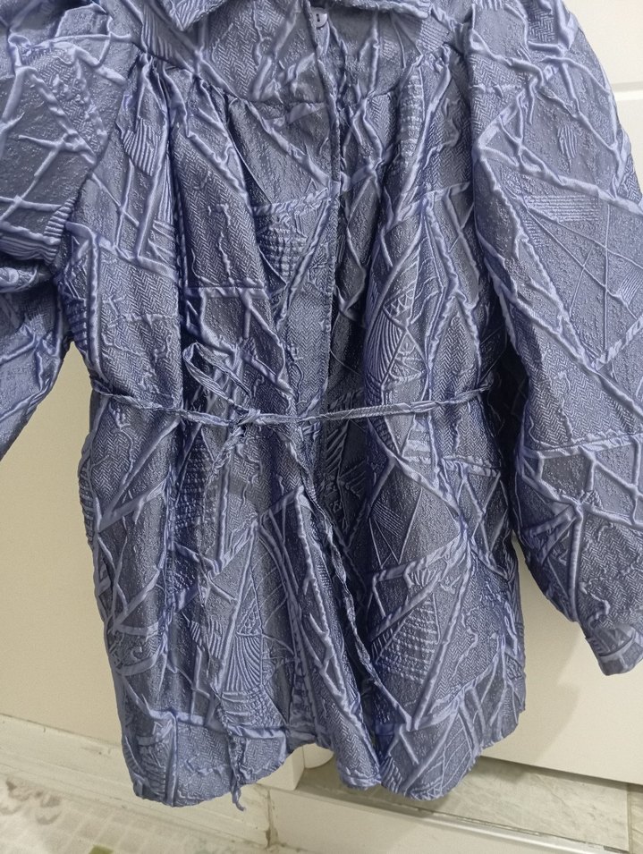 Düğmeli Kısa Mavi Kadın Keten Ceket - Görsel 2