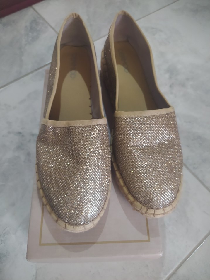 Simli Altın Renk Kadın Dolgu Topuk Espadril - Görsel 2