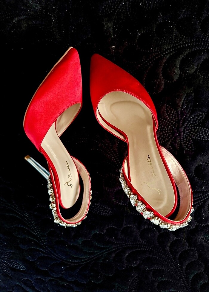 Taşlı Kırmızı Saten Abiye Topuklu Ayakkabı - Görsel 2