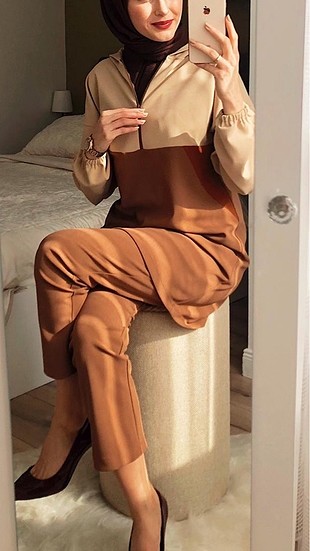 ikili takım tesettür (kapüşonlu tunik-beli lastikli kumaş pantol