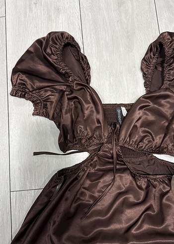H&M Drapeli Kahverengi Uzun Abiye Elbise