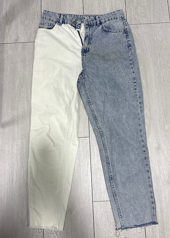 Kadın Gri-Beyaz Batik Desenli Kemerli Kot Pantolon