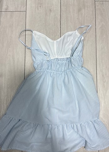 Mavi Çizgili V Yakalı Midi Elbise - Görsel 2