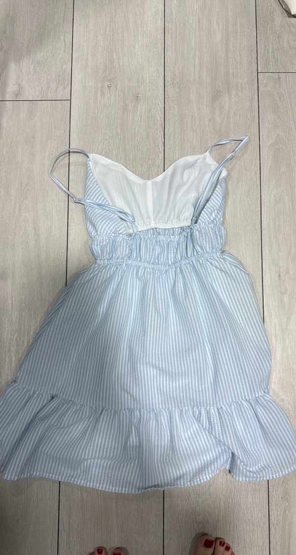 Mavi Çizgili V Yakalı Midi Elbise - Görsel 2