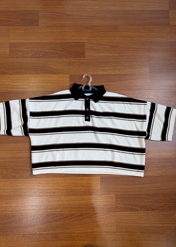 Çizgili, Polo Yaka, Uzun Kollu Kadın Kazak - Görsel 3