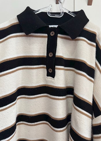 Çizgili, Polo Yaka, Uzun Kollu Kadın Kazak - Görsel 5