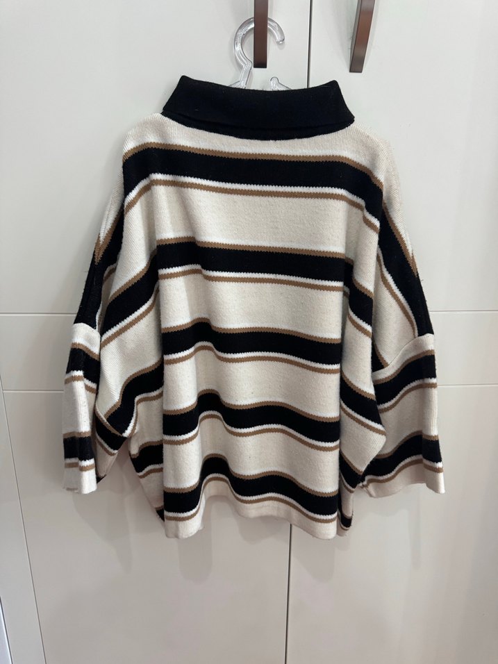 Çizgili, Polo Yaka, Uzun Kollu Kadın Kazak - Görsel 2