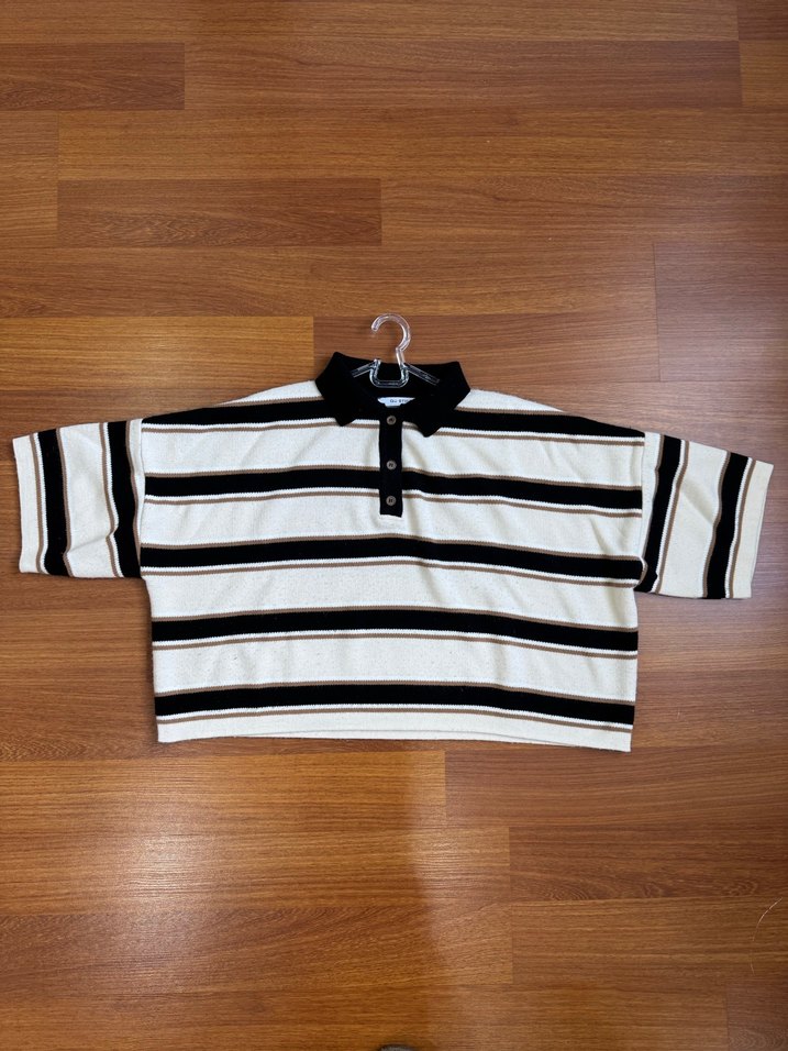 Çizgili, Polo Yaka, Uzun Kollu Kadın Kazak - Görsel 3