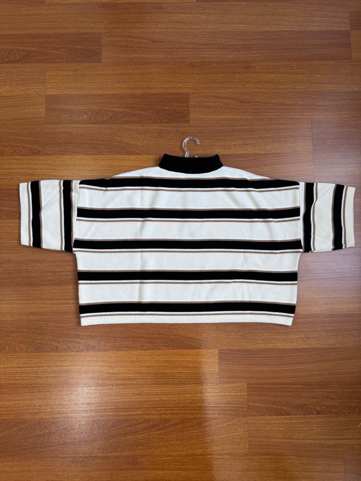 Çizgili, Polo Yaka, Uzun Kollu Kadın Kazak - Görsel 4