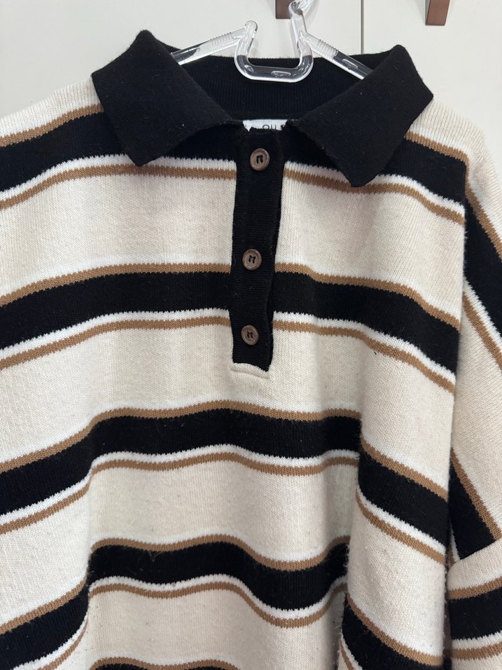 Çizgili, Polo Yaka, Uzun Kollu Kadın Kazak - Görsel 5