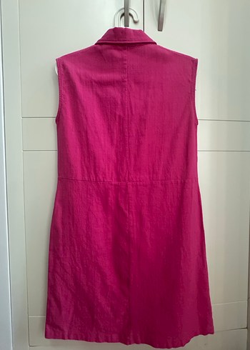 Düğmeli Pembe Kolsuz Midi Keten Elbise - Görsel 2