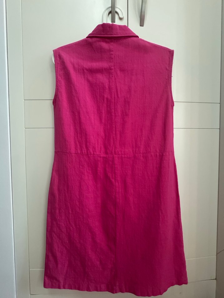 Düğmeli Pembe Kolsuz Midi Keten Elbise - Görsel 2