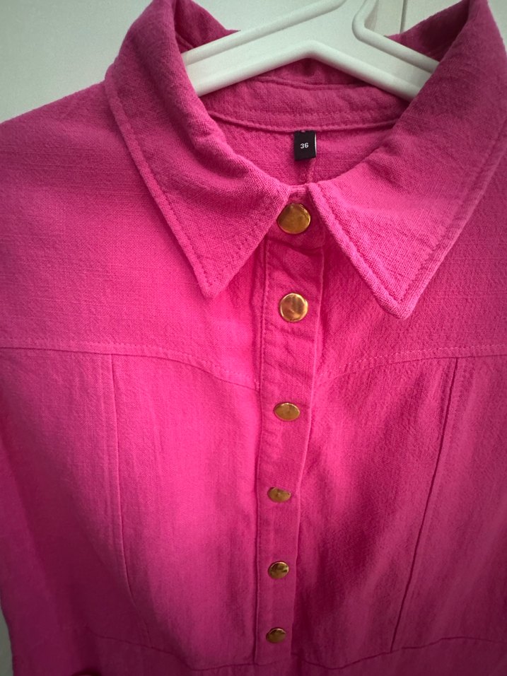 Düğmeli Pembe Kolsuz Midi Keten Elbise - Görsel 3