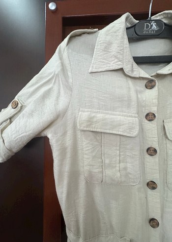 Düğmeli Bej Keten Kadın Elbise - Görsel 3