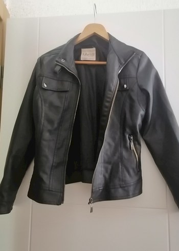 Siyah Deri Biker Ceket Kadın