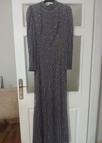 Boncuk İşlemeli Uzun lila Abiye Elbise - Görsel 2