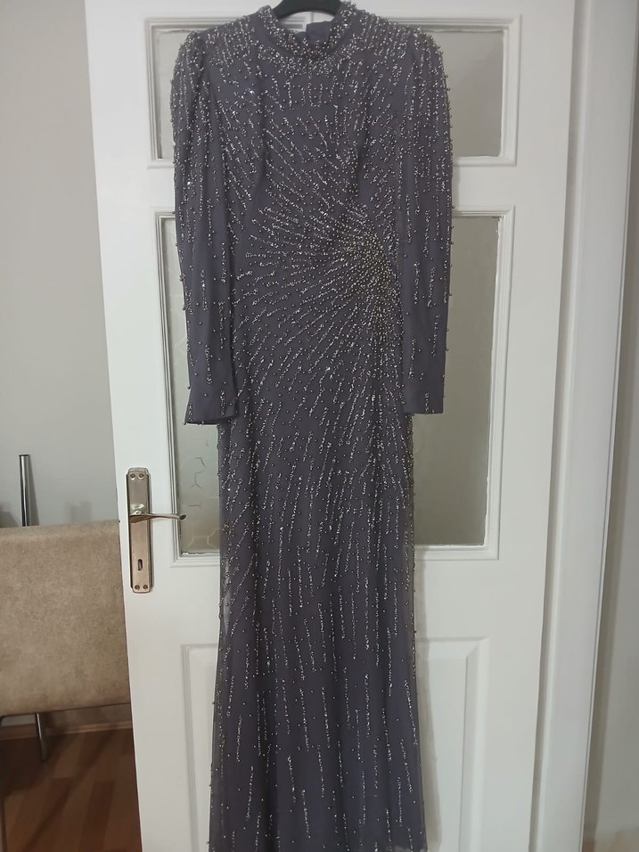 Boncuk İşlemeli Uzun lila Abiye Elbise - Görsel 2