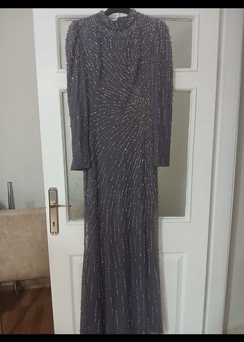 Boncuk İşlemeli Uzun Lila Abiye Elbise - Görsel 2