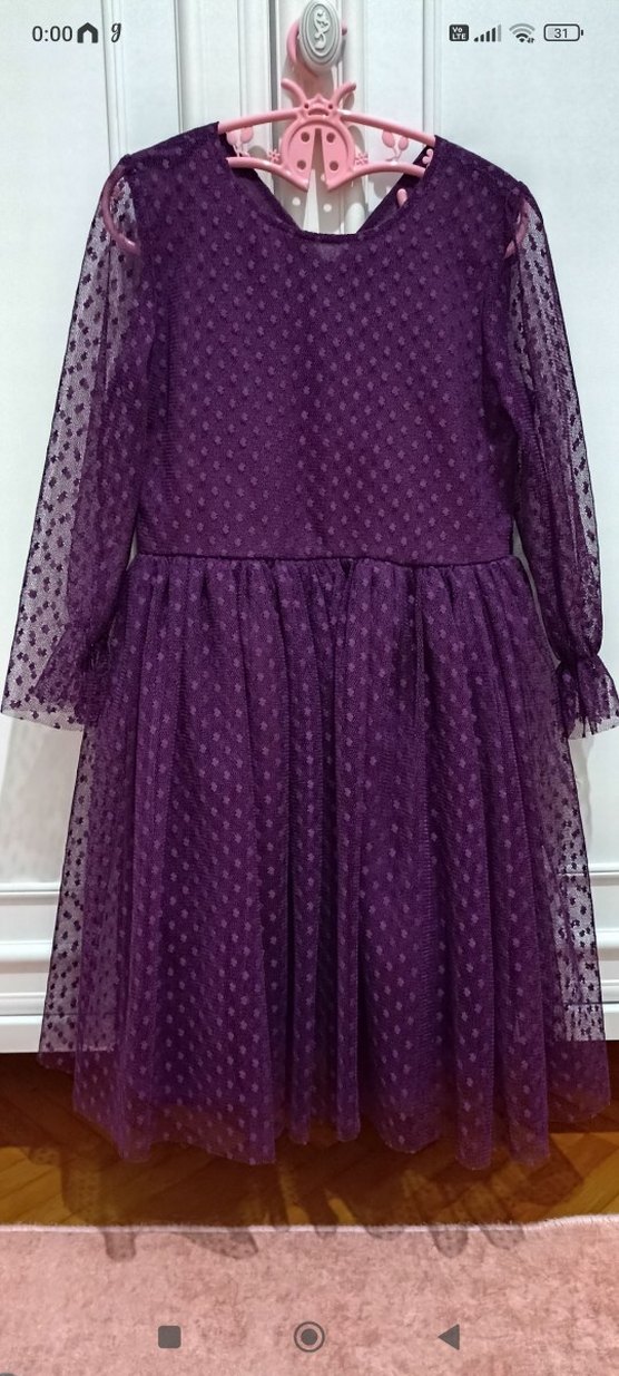 Uzun Kollu Mor Kız Elbisesi - Görsel 2